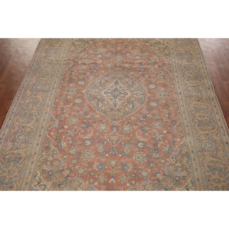 Traditional Mashad Vintage Persian Rug Bedroom Handmade Wool Carpet - 7'10" x 11'0"