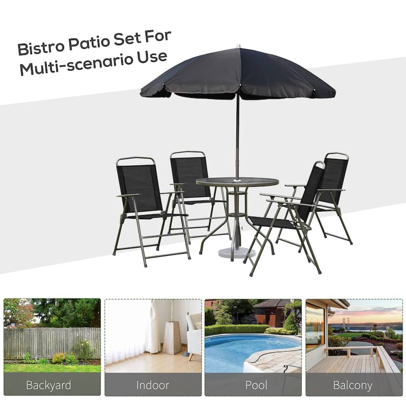 6 Pcs Folding Patio Dining Set, All-Weather Patio Furniture Set with Umbrella, Glass Table and 4 Folding Chairs