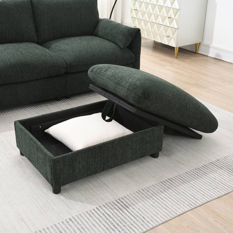 L-Shaped Sectional Chenille Sofa with Storage Ottoman, Phone Holder, USB Charger, Elephant Ear-Shaped Armrests and Pockets