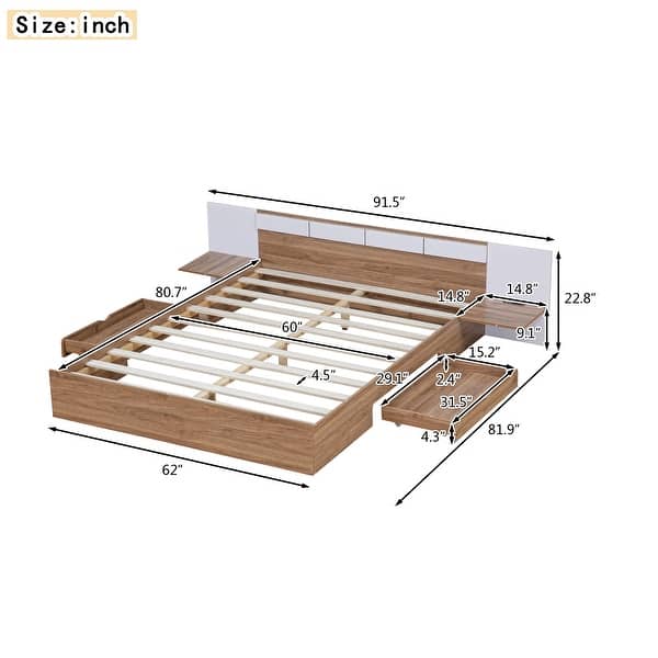 dimension image slide 0 of 2, Nordic Simple Queen Size Platform Bed Frame with Headboard, Drawers, Shelves, USB Ports and Sockets for Kids Teens Adults