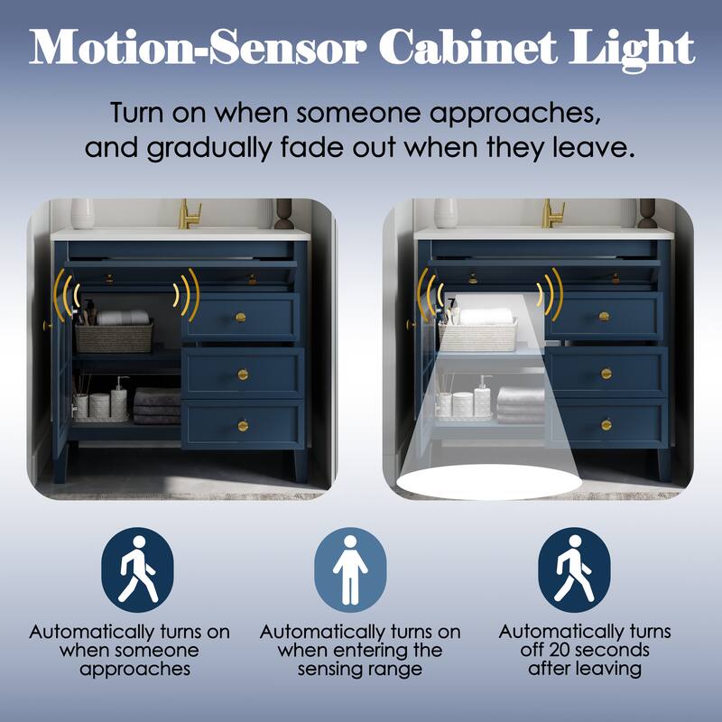 35.6" Mid-Century Bathroom Vanity Sink with Patterned Glass & Motion-sensor Light Strip, Freestanding