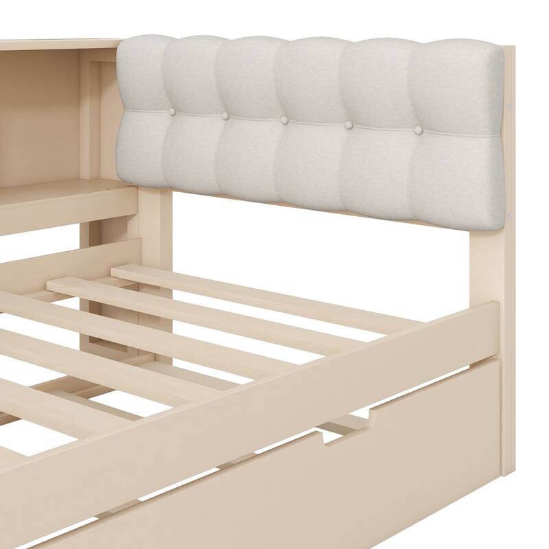 Wood Full/Twin Platform Bed with Storage Shelves, Trundle, Charging Station & Upholstered Headboard
