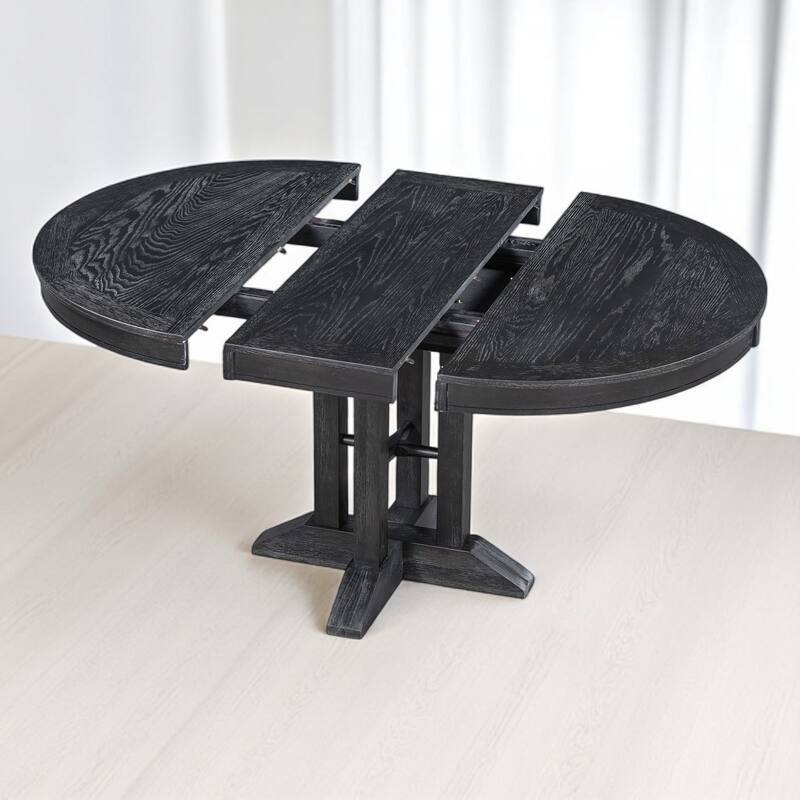 5-Piece Dining Table Set with Extendable Round Table, 4 Upholstered Chairs, MDF & Rubber Wood Frame, Kitchen Set for Dining Room