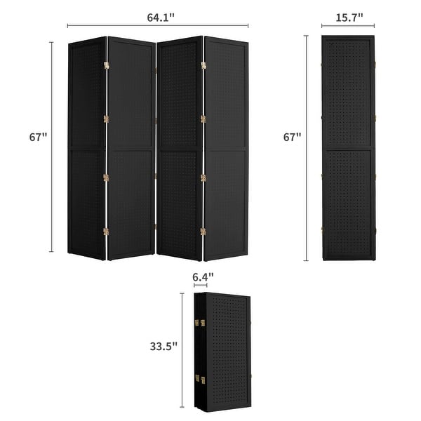 dimension image slide 0 of 3, 4 Panel Pegboard Display Room Divider 5.6 FT Wooden Foldable Privacy Screen, Wood Room Divider