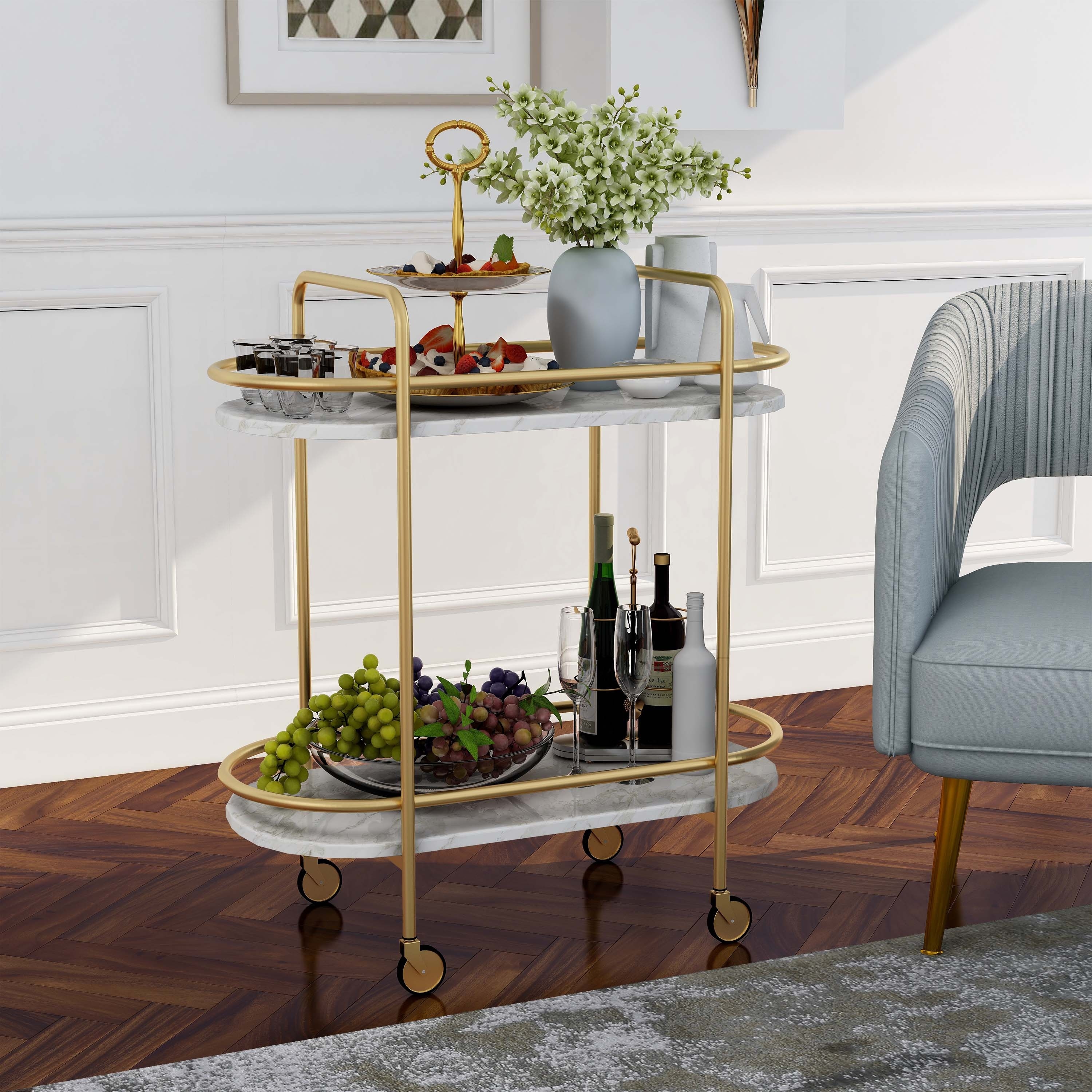 Mardoc Contemporary White and Gold Faux Marble Two Tiers Serving Cart with Caster Wheels by Furniture of America
