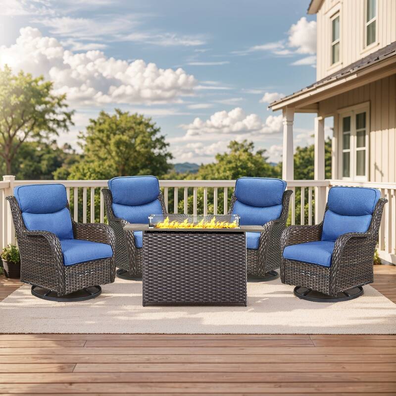 Outdoor Gliders Chairs with Fire Pit Table with 5-Inch Thick Cushions - Brown Rattan - Blue Cushion - 5PCS Swivel Chair w/ Rectangular Fire Table