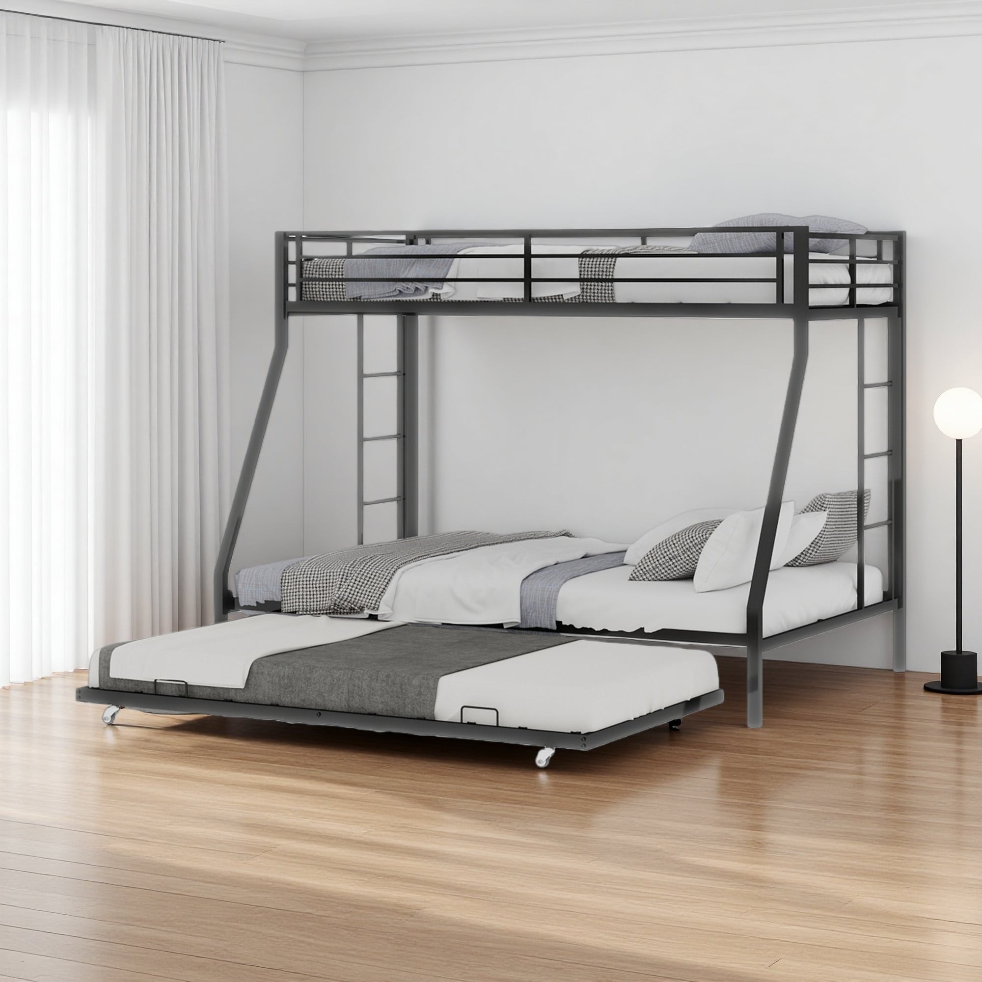 Queen Size Iron Bunk Bed with Square Tube Frame, Ladder and Rolling Trundle