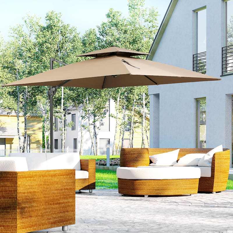 10ft Offset Patio Umbrella with Base, Double Top Hanging Aluminum Cantilever Umbrella with 360-degree Rotation, Easy Tilt