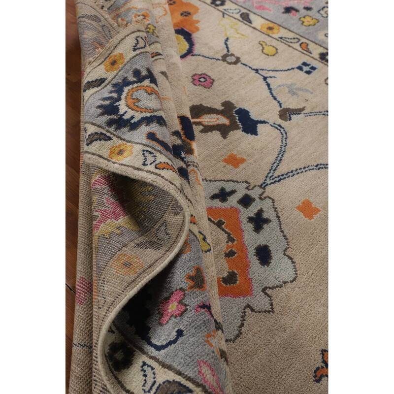 All-Over Floral Beige Oushak Oriental Area Rug Handmade Wool Carpet - 9'1" X 11'9"