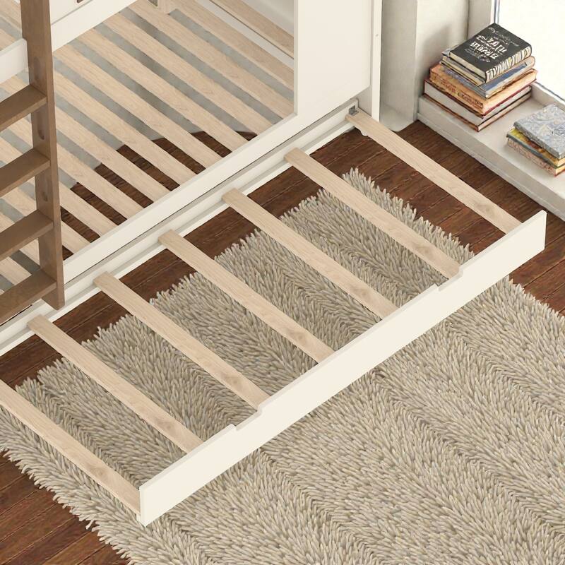 Solid Wood Bunk Bed with Trundle and Storage Shelves, Full Over Full/Queen Over Queen Bunk Bed with Hooks