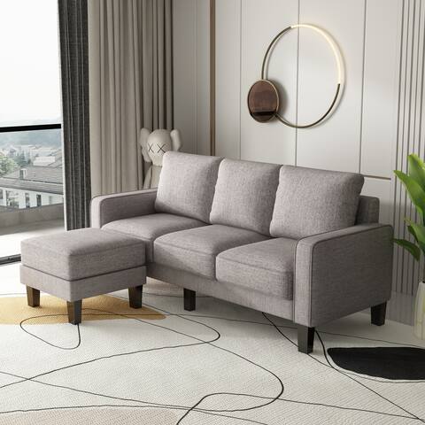 53.3" L-shape Sectional Storage Sofa 3 Seats Couch Polyester Upholstered Living Room with Convertible Ottoman & Wood Legs