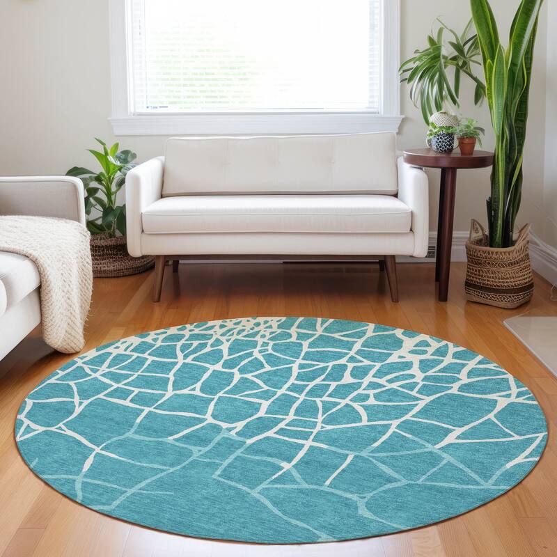 Machine Washable Indoor/ Outdoor Abstract Webby Chantille Rug - Teal - 8' x 8'