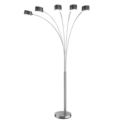 5 Arm Arched Floor Lamp, 84 Inch Chrome Metal Sleek Stem, Round Base