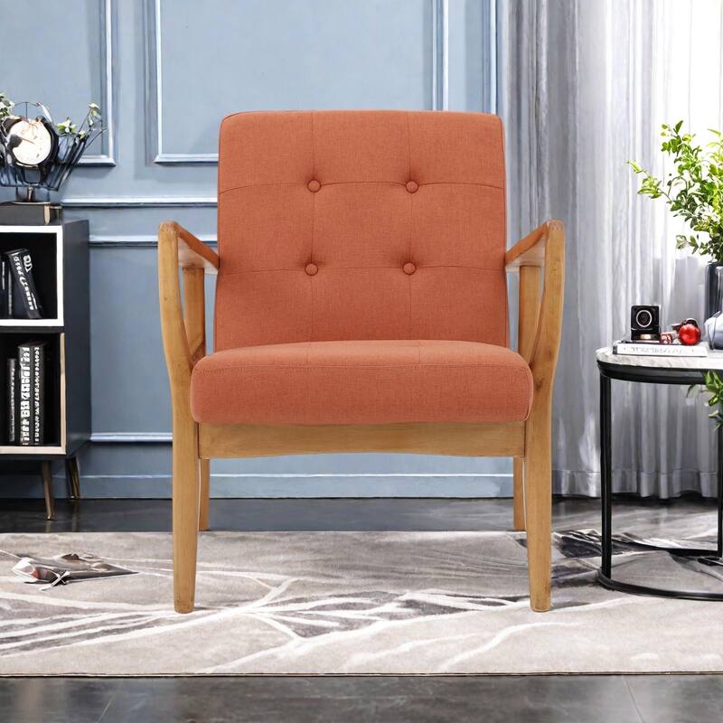 Fabric Mid Century Club Chair with Wood Frame, Button Tufted Design and Birch Wood Legs - Orange