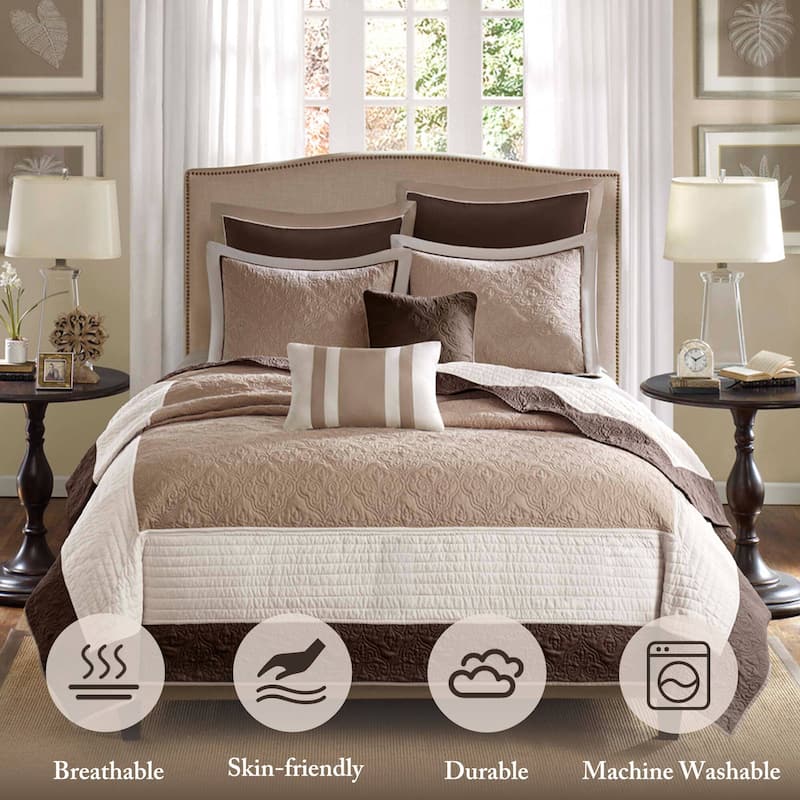 Madison Park Danville Beige 7 Piece Quilt Set with Euro Shams and Throw Pillows