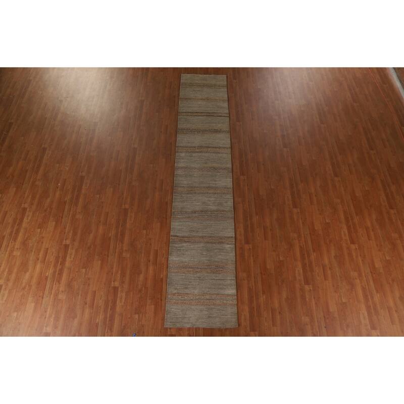 Hand Knotted Oriental 100% Wool Carpet Modern Stripe Greys & Charcoal Modern Runner Rug - 13' 3'' X 2' 7''
