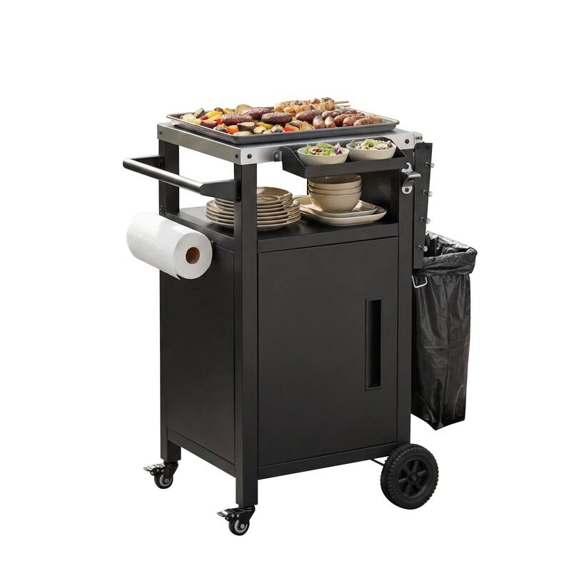 Anmytek Mobile BBQ Grill Cart Pizza Oven Table with Drop Leaf, Stainless Steel Top, and Storage for Outdoor Kitchen and Patio