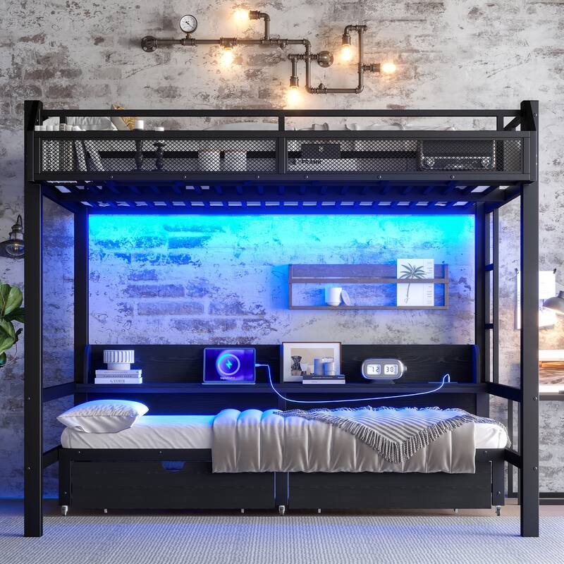 Full over Full Bunk Bed with Storage, USB Ports & LED Lights, Converts to Sofa, Metal Frame