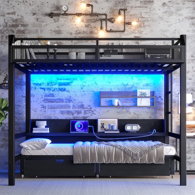 Queen over Queen Bunk Bed Frame with USB Ports, LED Lights, Net Storage Shelves and Drawers, Lower Bed Converted into Sofa