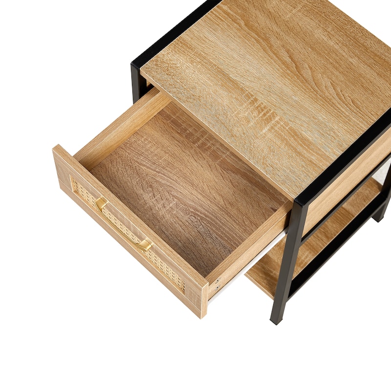 15.74" Rattan End table with drawer, Modern nightstand, metal legs, side table for living room, bedroom(1 pc)