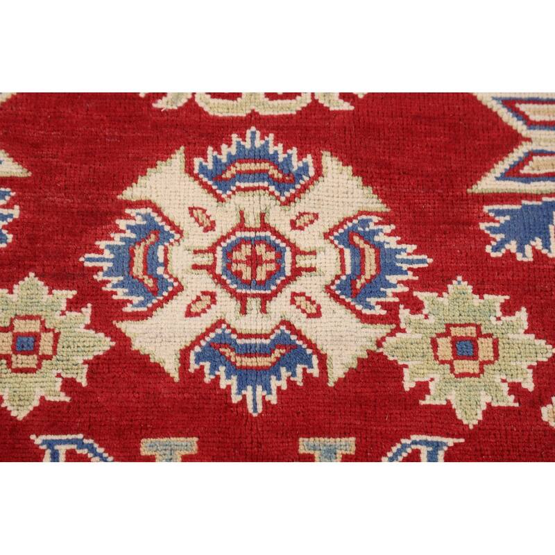 Red Geometric Kazak Oriental Area Rug Handmade Traditional Wool Carpet - 4'11" x 6'6"