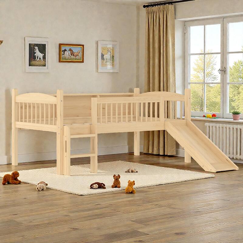 Twin XL/Twin Wood Loft Bed with Storage Shelves, LED Lights, Full-Length Guardrails & Solid Wood Frame, No Box Spring Needed