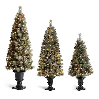 3 Piece 4ft&5ft&6ft Pre-Lit Artificial Flocked Pine Tree Christmas Holiday Party Decorations by Glitzhom