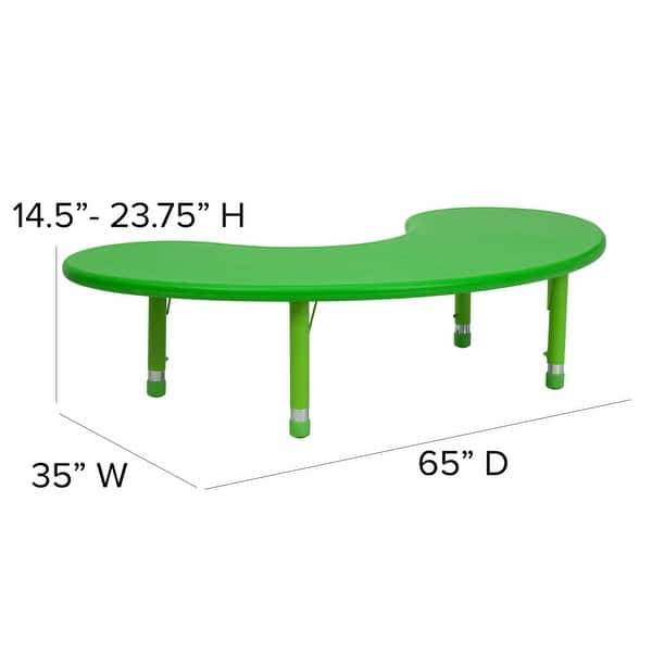 dimension image slide 2 of 4, 35"Wx65"L Half-Moon Plastic Adjustable Activity Table for 8 - 65"D x 35"W x 14.5" - 23.75"H