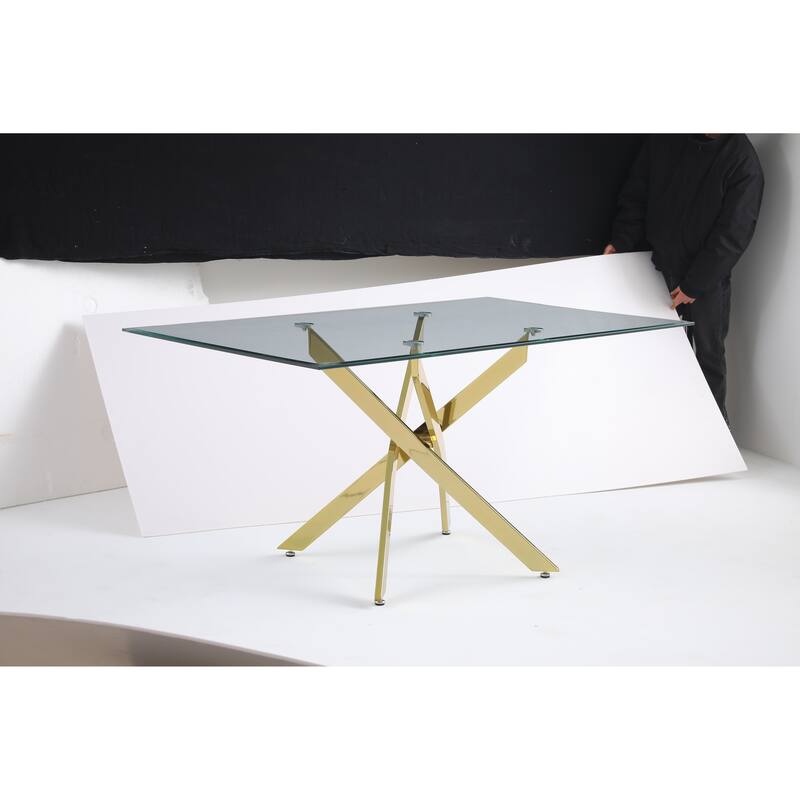 Modern rectangular tempered glass tabletop with a golden iron frame