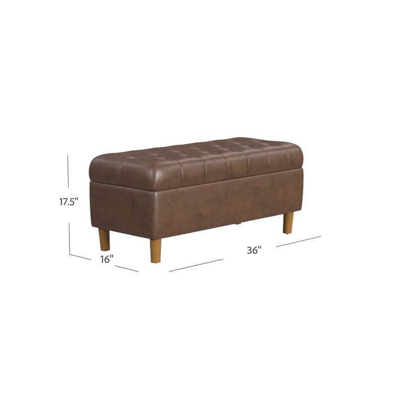 Sol Storage Bench Ottoman, Brown Faux Leather and Hardwood, 36 Inch