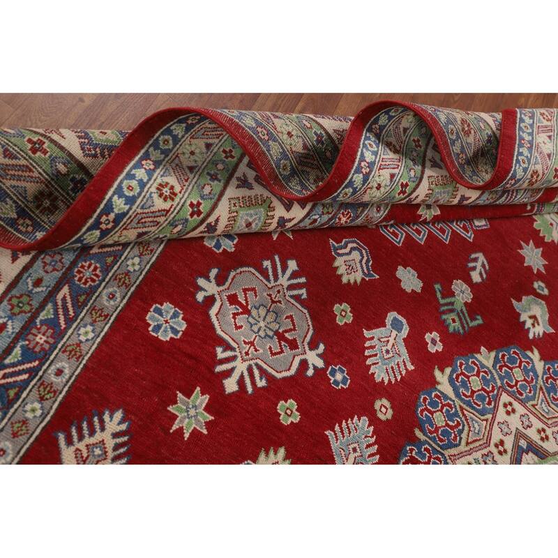 Geometric Red Large Kazak Oriental Area Rug Hand-Knotted Wool Carpet - 10'0" x 13'9"