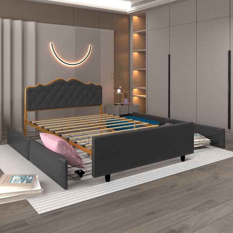 Metal frame sleeping bed with four storage drawer