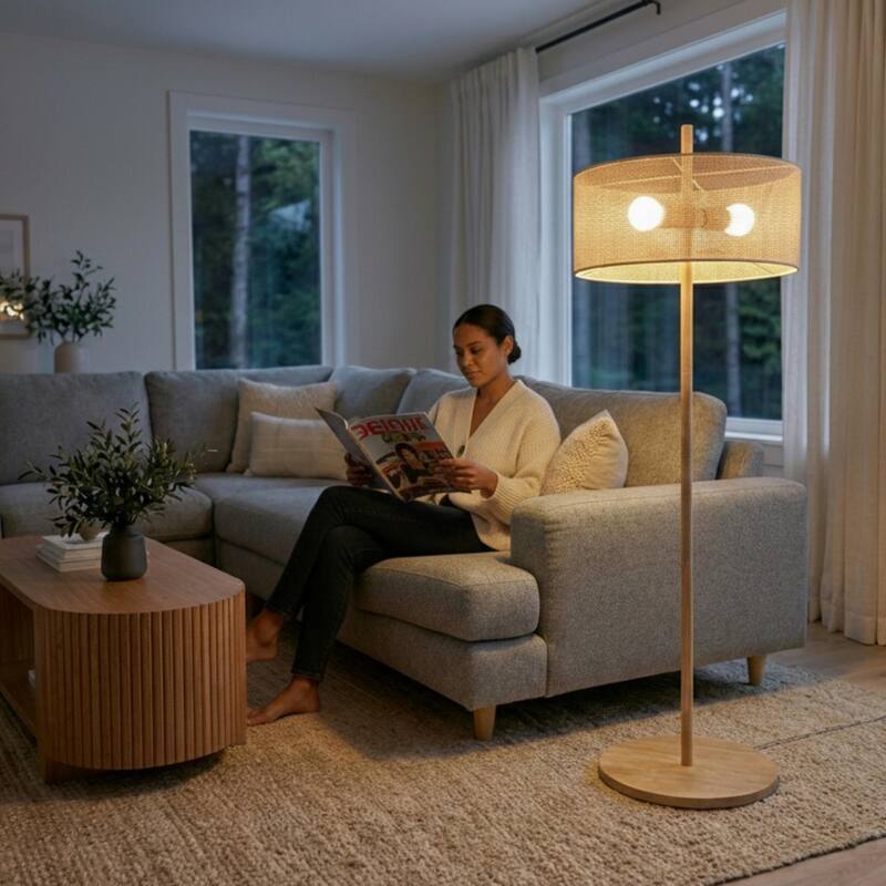 Layla Natural Wood Floor Lamp with Linen Drum Shade