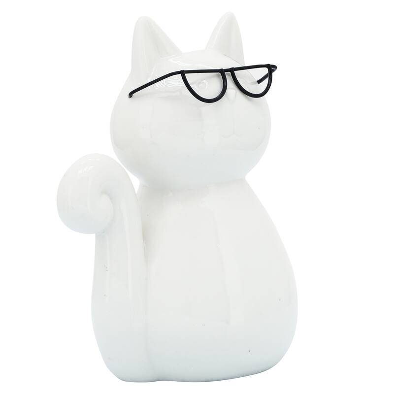 Sagebrook Home Porcelain Cat Statue White Kitty with Glasses Decorative Sculpture