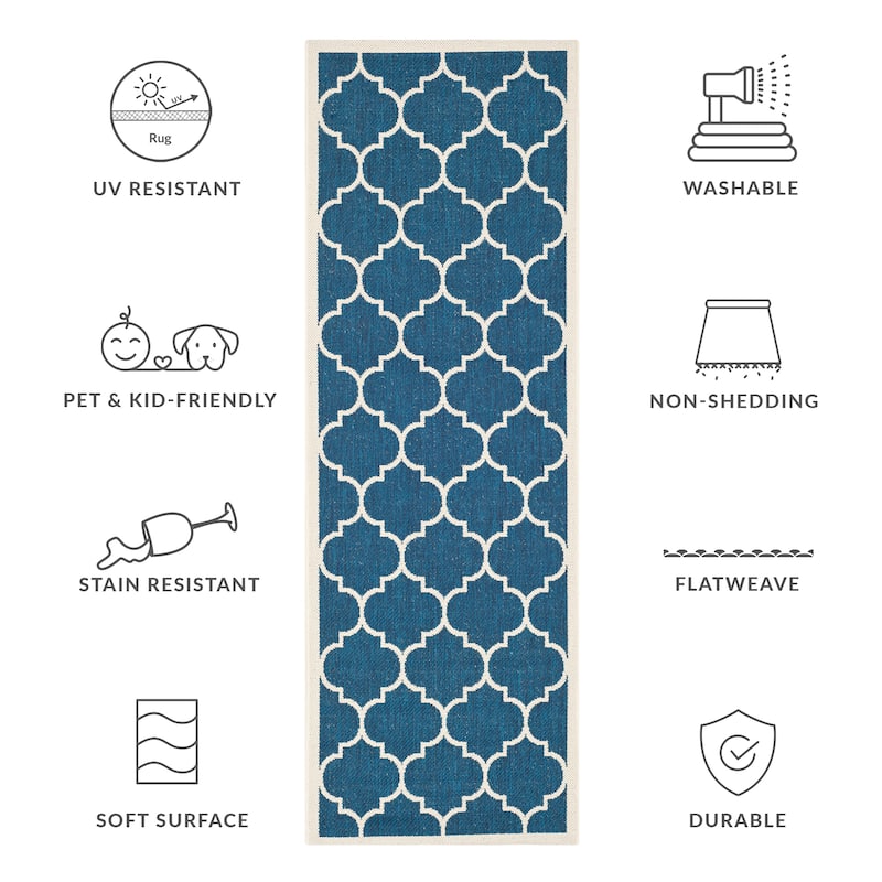 SAFAVIEH Courtyard Sibel Indoor /Outdoor Waterproof Patio Backyard Rug - 2'3" x 6'7" Runner - Navy/Beige