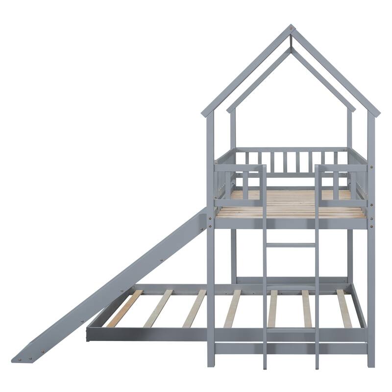 Twin Over Full Bunk Bed with Slide, Built-in Ladder, and Full-Length Guardrail, Gray