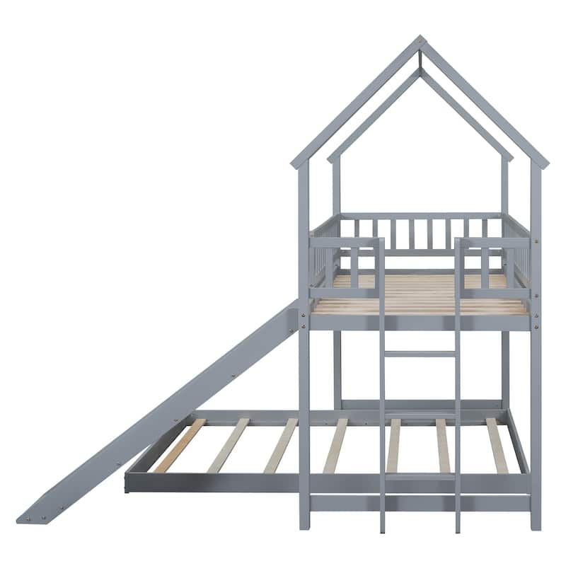 Twin Over Full House Bunk Bed with Slide, Built-in Ladder, and Guardrails