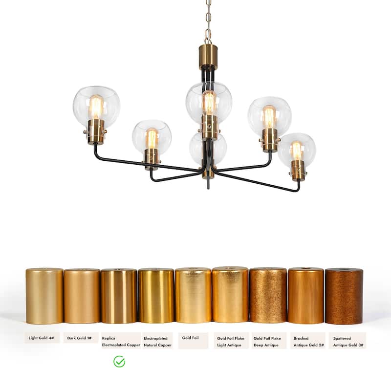 Modern 6-Light Black Gold Wheel Chandeliers Globe Glass Pendant Light for Dining Room