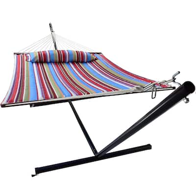 Hammock with Stand & Spreader Bars and Detachable Pillow, Heavy Duty, 450 Pound Capacity for Indoor/Outdoor (Blue Red)