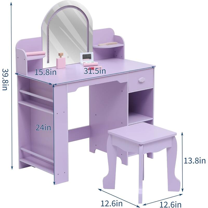 Kids Vanity Set with Lighted Mirror and Stool, 2-in-1 Makeup Tabl, for Girls Ages 3–9