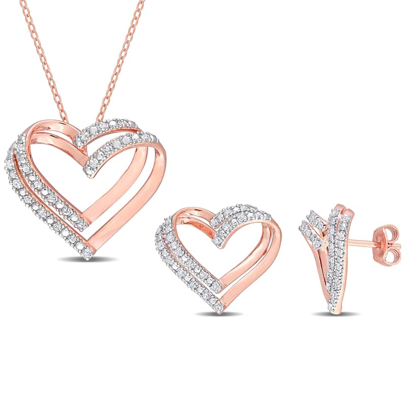 Miadora 2/5ct TDW Diamond Open Heart Stud Earrings and Necklace Set in Rose Plated Sterling Silver