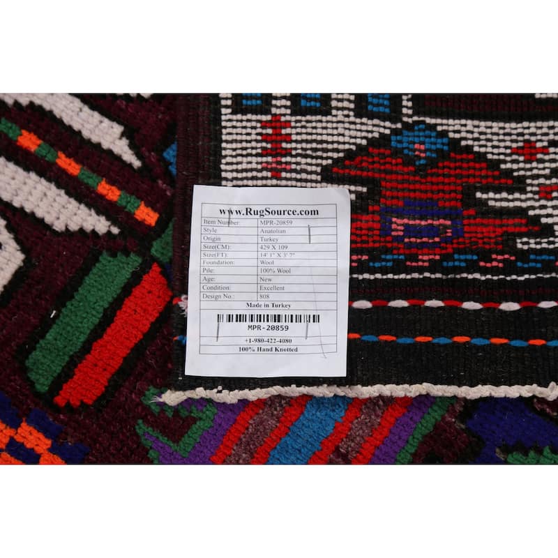 Wine Red Tribal Anatolian Turkish Runner Rug Hand-Knotted Wool Carpet - 3'7"x 14'1"