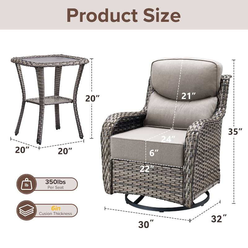 Gymojoy 3-Piece Patio Swivel Glider Chair Set with Side Table, 6-Inch Ultra-Plush Cushions & Water-Resistant Olefin Fabric