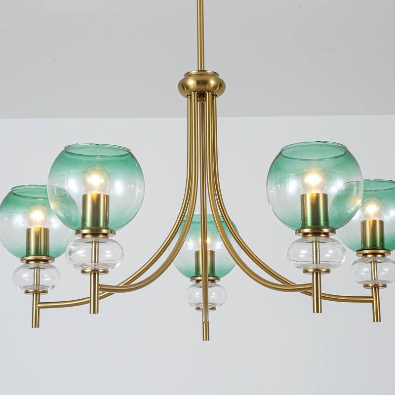 5-Light Mid-Century Modern Luxury Green Sputnik with Open/Bubble Glass Globe Shades Chandelier for Dining Room, Living Room