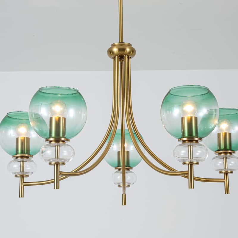 5-Light Mid-Century Modern Luxury Green Sputnik with Open/Bubble Glass Globe Shades Chandelier for Dining Room, Living Room
