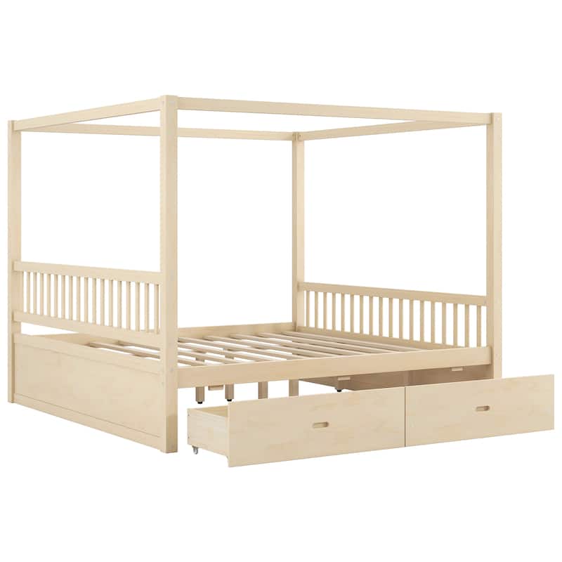 GDFStudio - Modern Wooden Canopy Bed with Storage Drawers