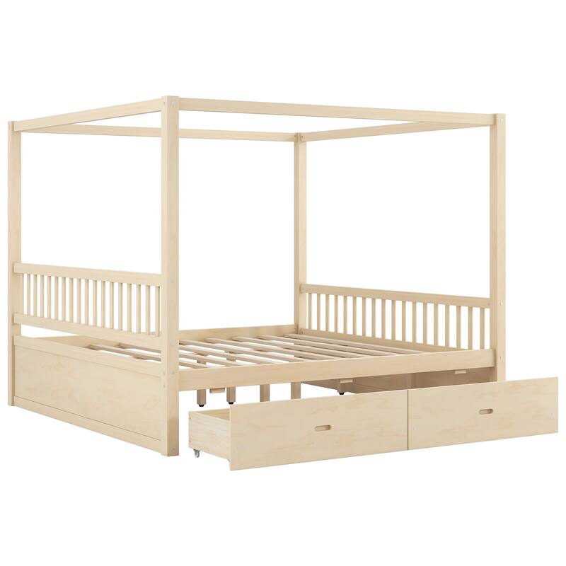 Wooden Canopy Bed Frame with Storage Drawers, Modern Poster Bed, Available in Queen or King