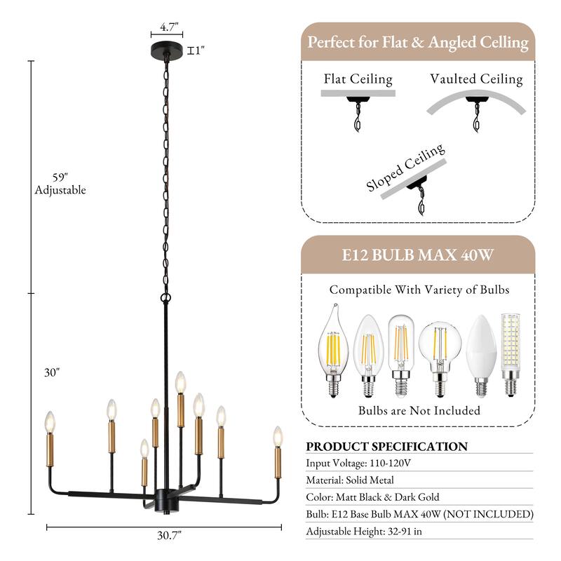 Modern 8-Light Black Gold Chandelier Classic Candle Light for Dining Room - D 30.7" x H 90" Max
