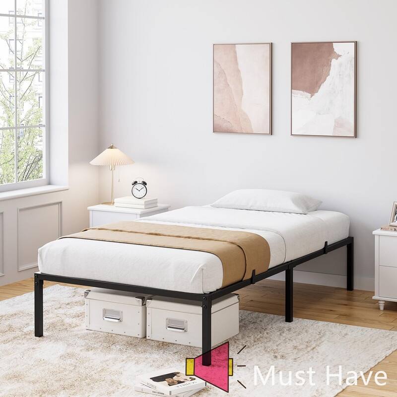 Heavy Duty Metal Platform Bed Frame, No Box Spring Needed - Twin - Black-16 inch