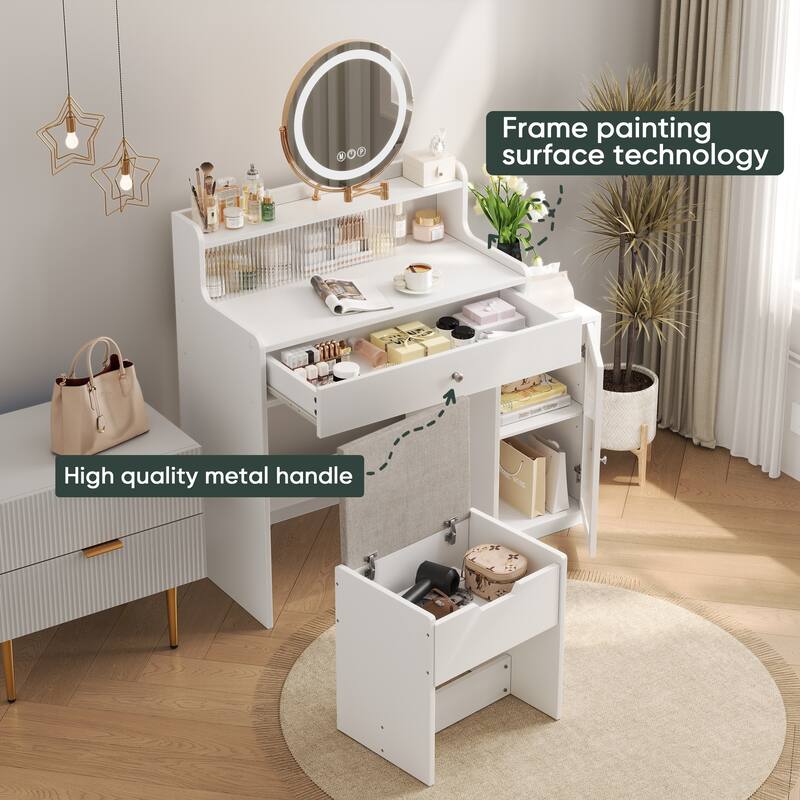 Makeup Vanity Table with Adjustable Lighted Mirror, Side Cabinet & Hidden Storage Chair - White 38.5"
